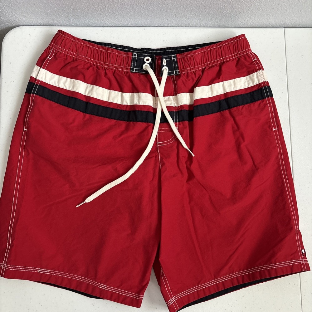 Tommy Hilfiger Men's Large Red White Blue Stripe Board Short Swim Trunks‎